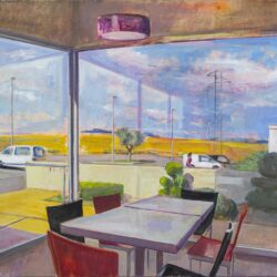 Peinture, paysage vu d'une baie vitrée d'un restaurant