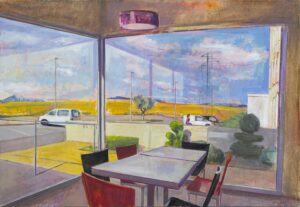 Peinture, paysage vu d'une baie vitrée d'un restaurant