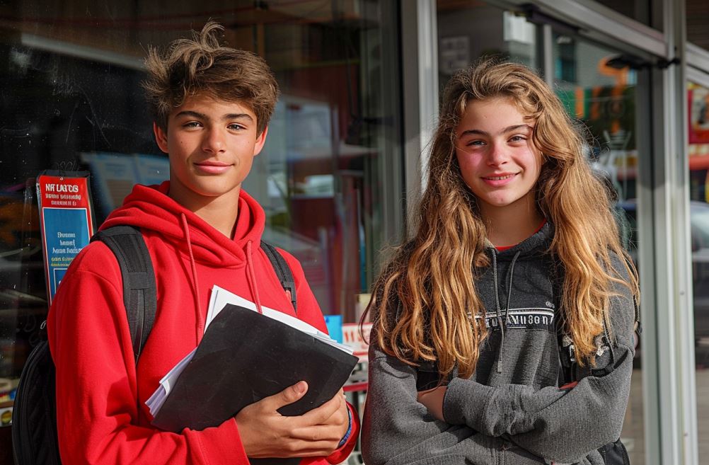 Deux lycéens devant une entreprise